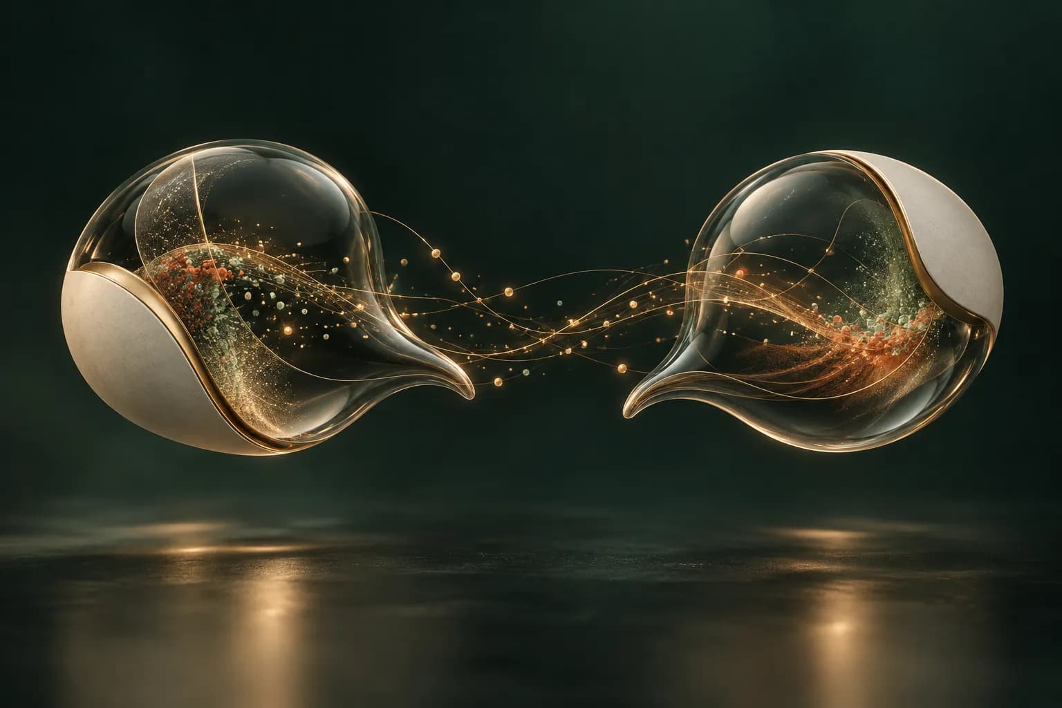 Visuel : deux formes de verre fumé, semblables à des bulles de dialogue sans texte, échangent des filaments de lumière dorée.