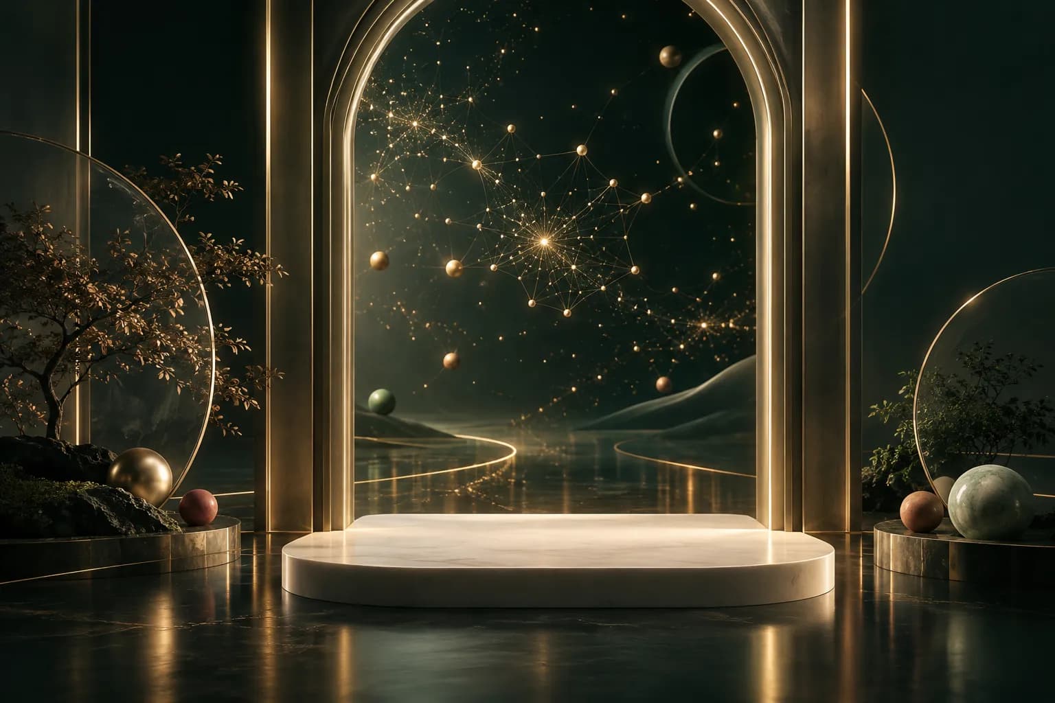 Visuel : une arche dorée lumineuse s'ouvre sur une constellation de points reliés, au-dessus d'une marche en céramique ivoire, sur fond vert profond.