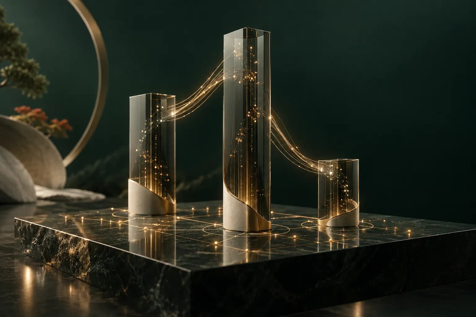 Visuel : trois monolithes de verre fumé sur un socle de marbre sombre, reliés par des arcs de lumière dorée.