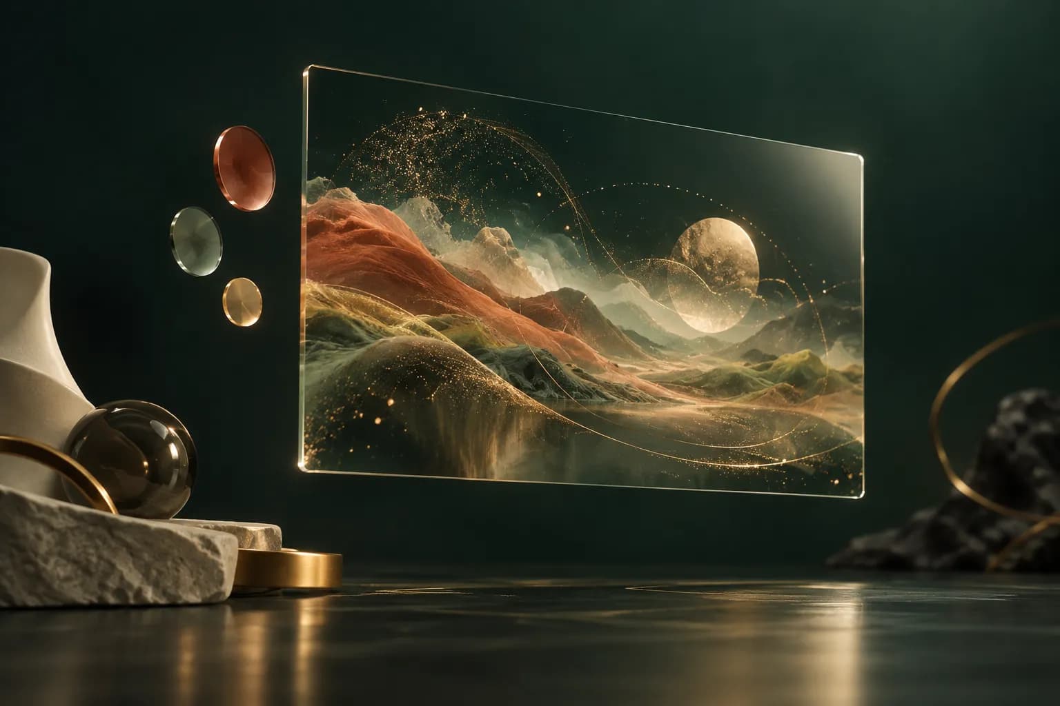 Visuel : une plaque de verre flottante où des particules de lumière forment un paysage abstrait terracotta, sauge et or, près de petits disques de couleur.