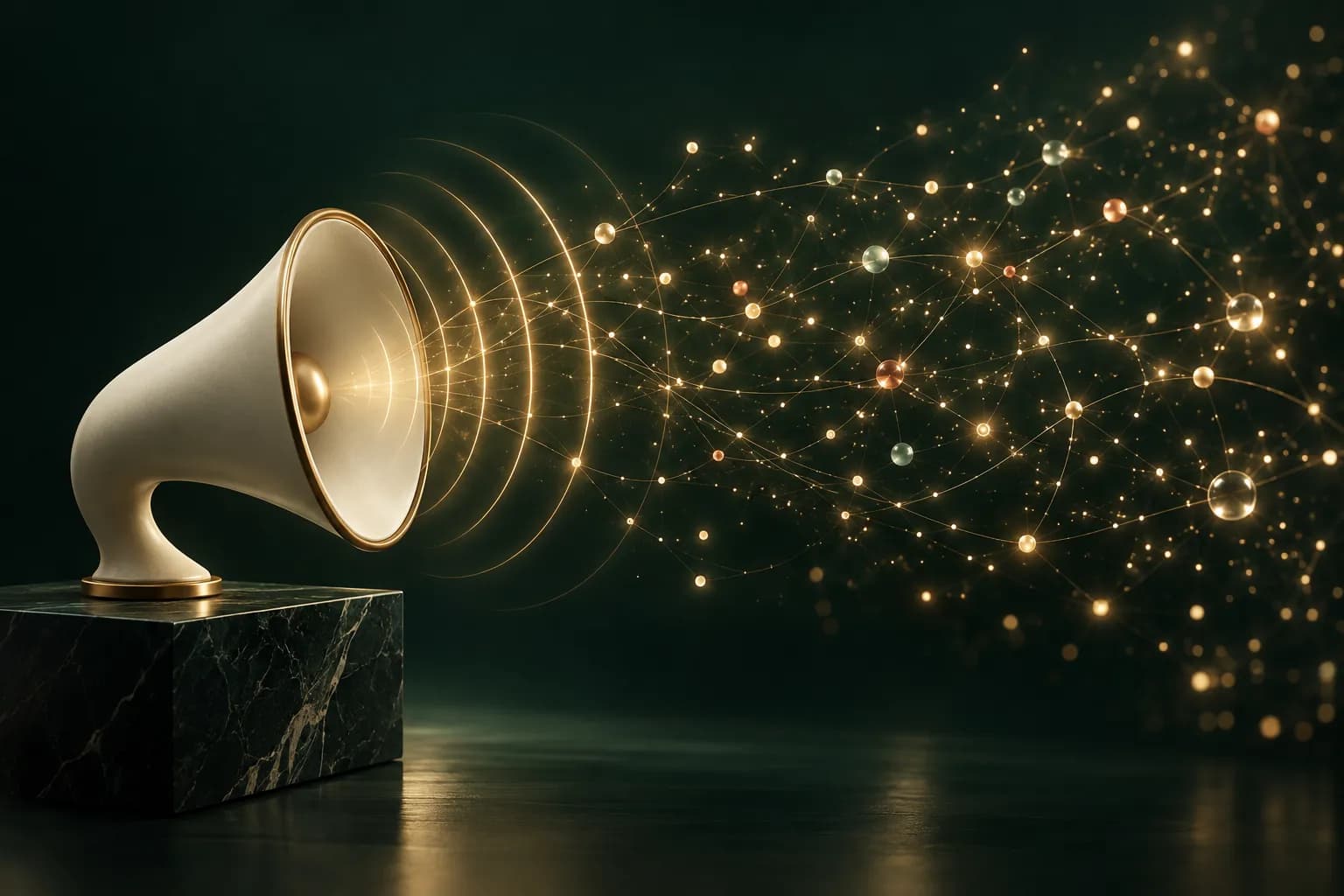 Visuel : un pavillon sonore en céramique ivoire, posé sur un socle de marbre, émet des ondes dorées qui se dispersent en une constellation de points.