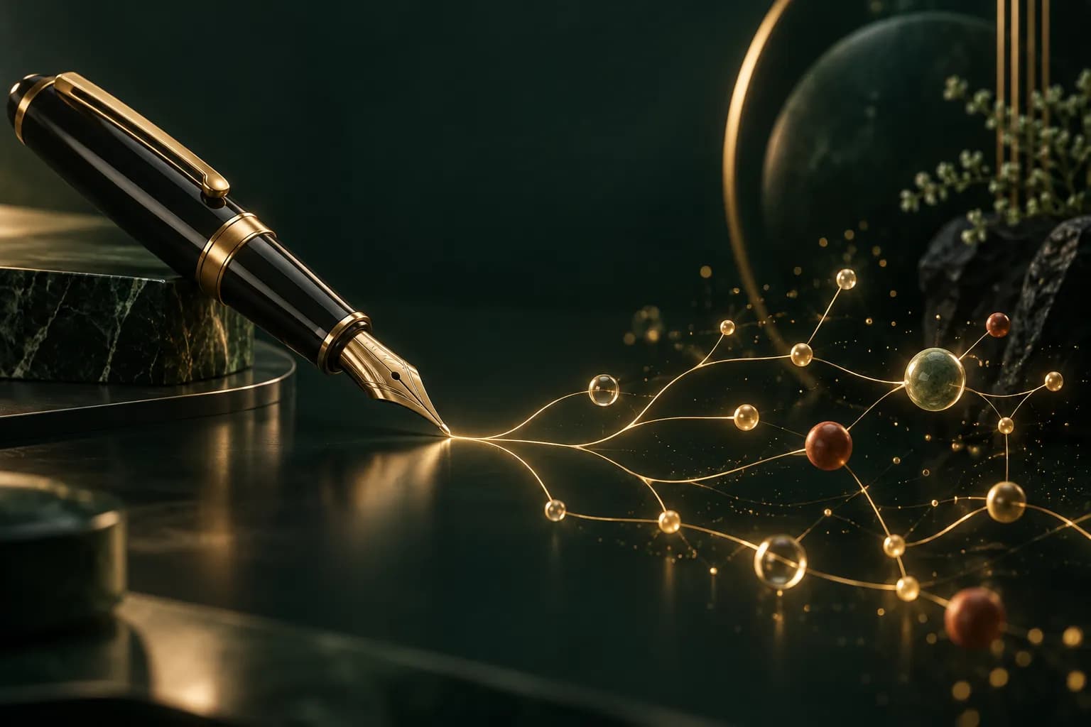 Visuel : un stylo-plume noir et or dont la pointe trace une ligne lumineuse qui se ramifie en un réseau de nœuds.