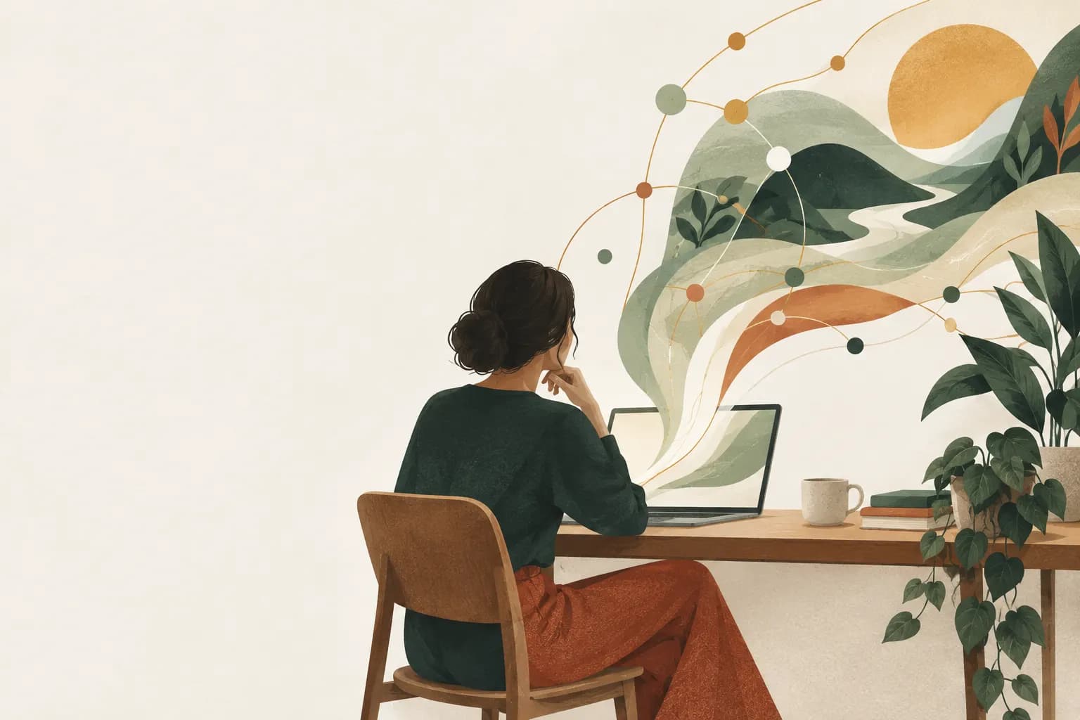 Illustration : une personne travaille sur son ordinateur, d'où s'échappe un sillage de formes et de points reliés évoquant l'intelligence artificielle.